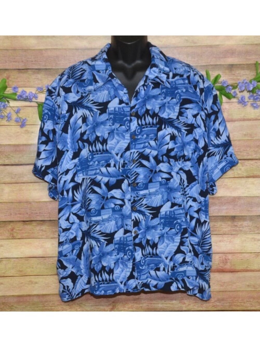 Panama Jack Mens Blue Button Up Hawaiian Classic Cars Shirt Size 3XL Beach Vacay